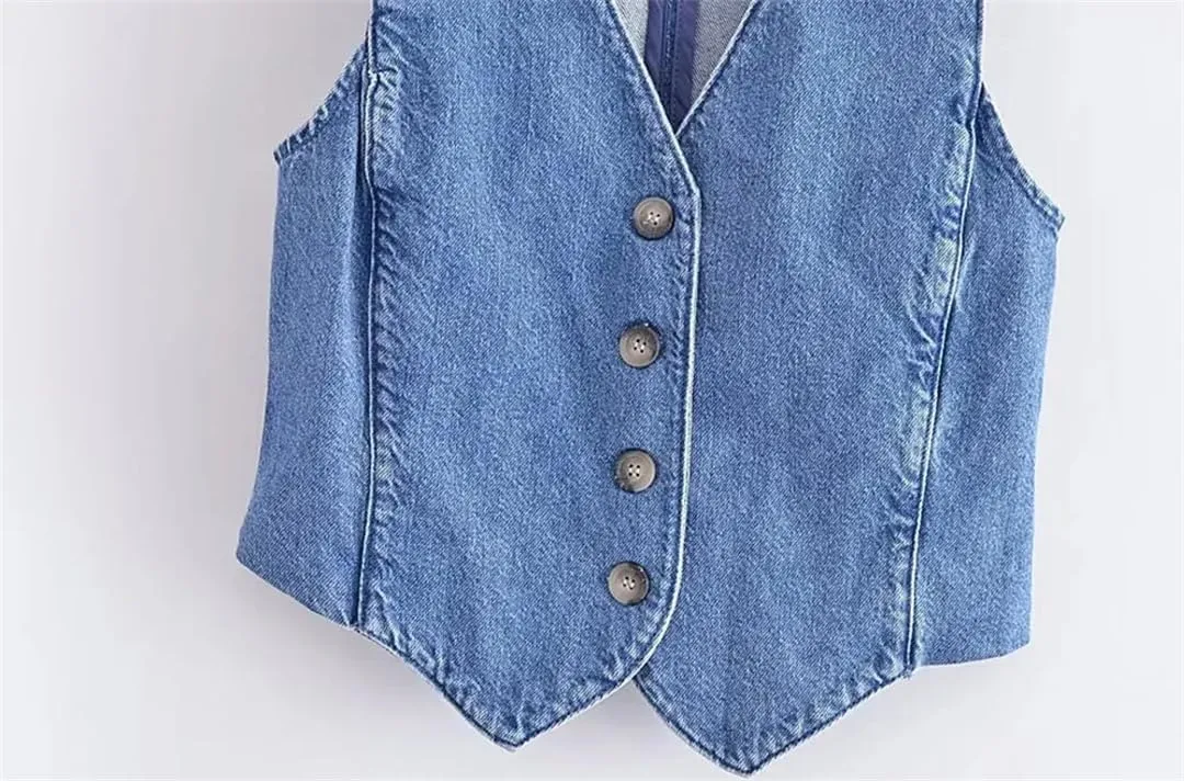 Women Denim Vest Jean Top Front Button Waistcoat Vintage V Neck Sleeveless Outerwear Chic Vest
