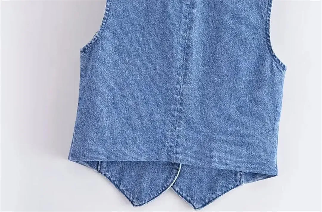 Women Denim Vest Jean Top Front Button Waistcoat Vintage V Neck Sleeveless Outerwear Chic Vest