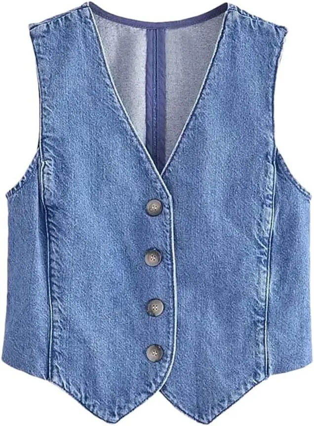 Women Denim Vest Jean Top Front Button Waistcoat Vintage V Neck Sleeveless Outerwear Chic Vest