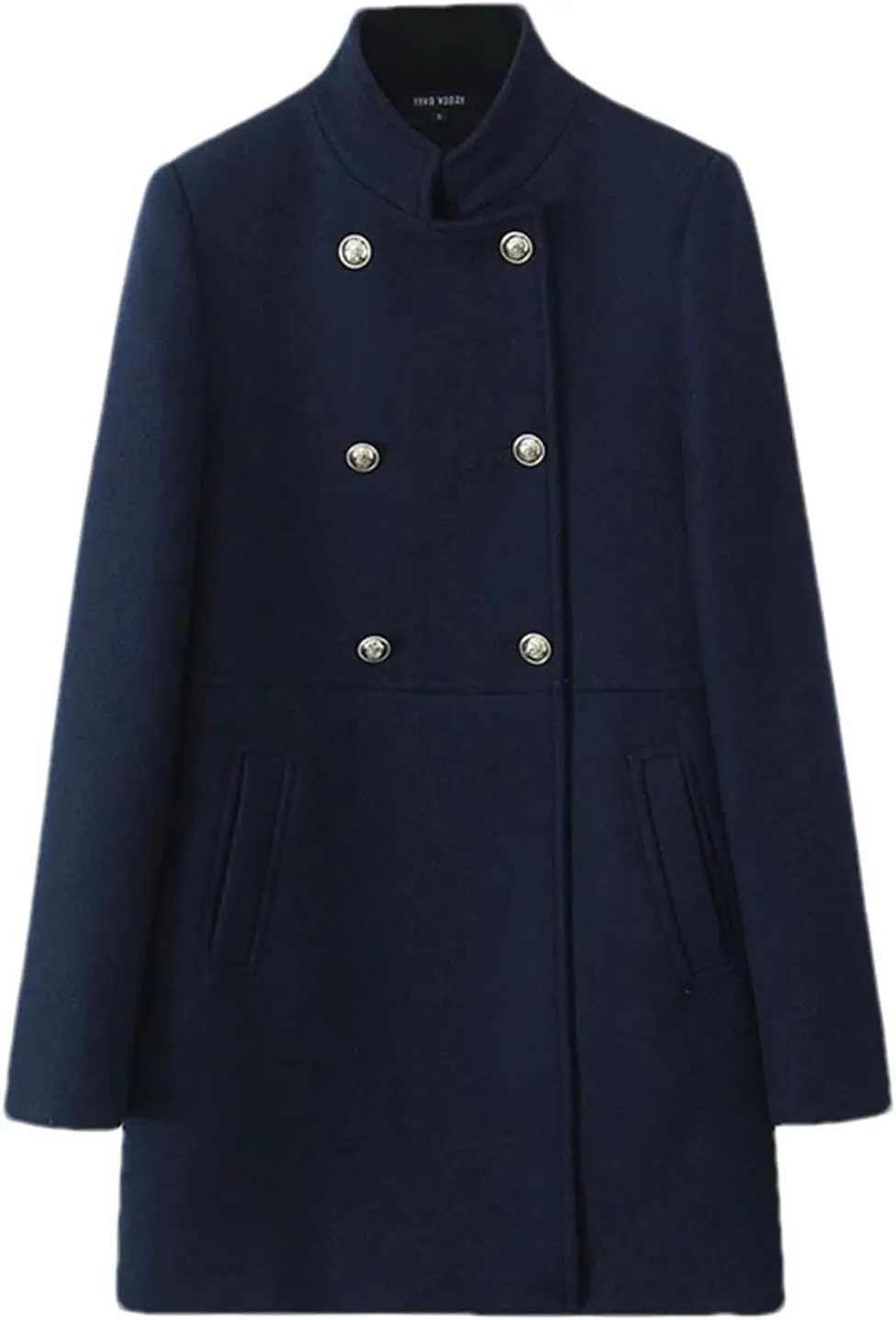 Women Fashion Double Breasted Wool Blend Trench Coats Vintage Turtleneck Chic Pea Coat Outwear