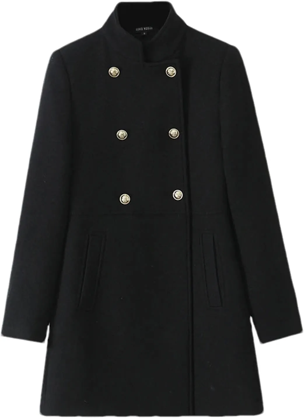 Women Fashion Double Breasted Wool Blend Trench Coats Vintage Turtleneck Chic Pea Coat Outwear