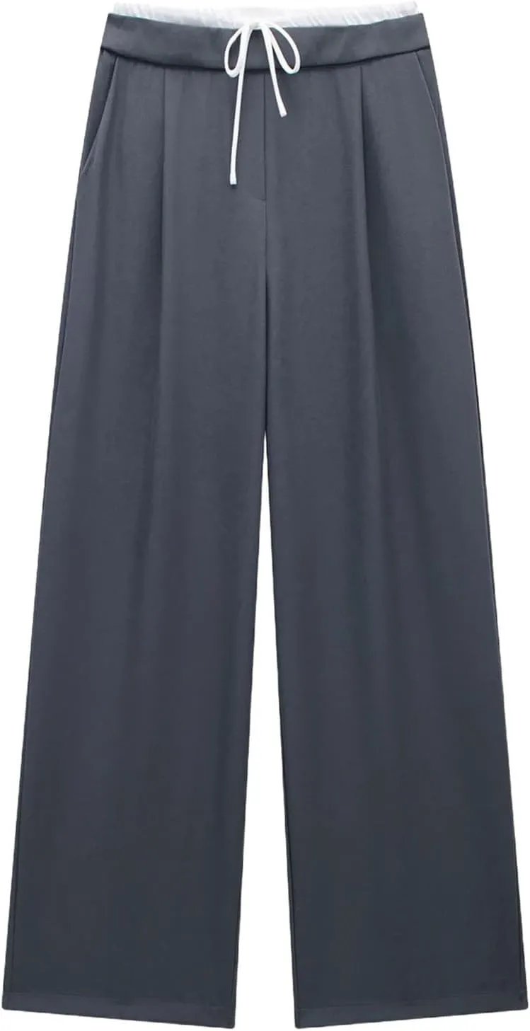 Women Fashion Tongle Style Multicolor Lace Wide Leg Pants Chic Drawstring Joker Pants Trousers Mujer