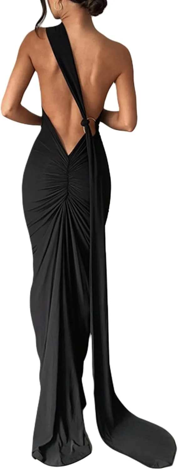Women Sexy Spaghetti Strap Backless Maxi Dress Lace Up Bodycon Party Dress Bandage Halter Evening Club Dress