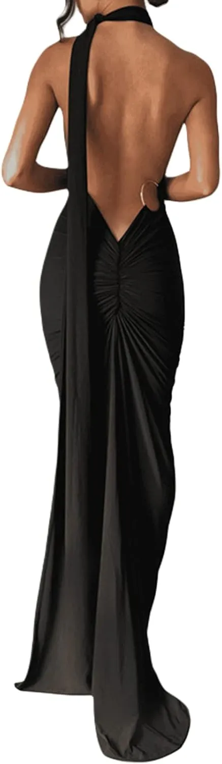 Women Sexy Spaghetti Strap Backless Maxi Dress Lace Up Bodycon Party Dress Bandage Halter Evening Club Dress