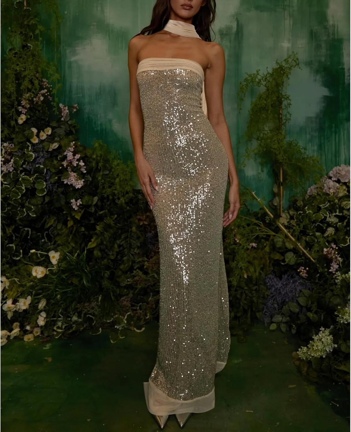 Women Sexy Strapless Sequin Long Dress with Scarf Y2k Glitter Bodycon Cocktail Evening Dress for Club Party
