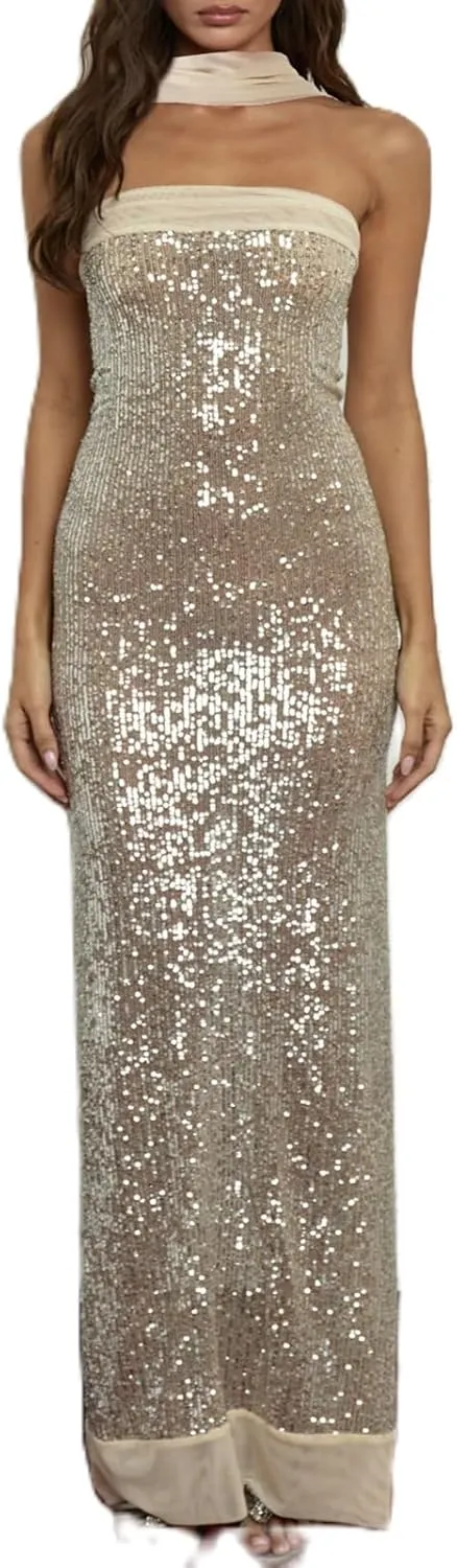 Women Sexy Strapless Sequin Long Dress with Scarf Y2k Glitter Bodycon Cocktail Evening Dress for Club Party