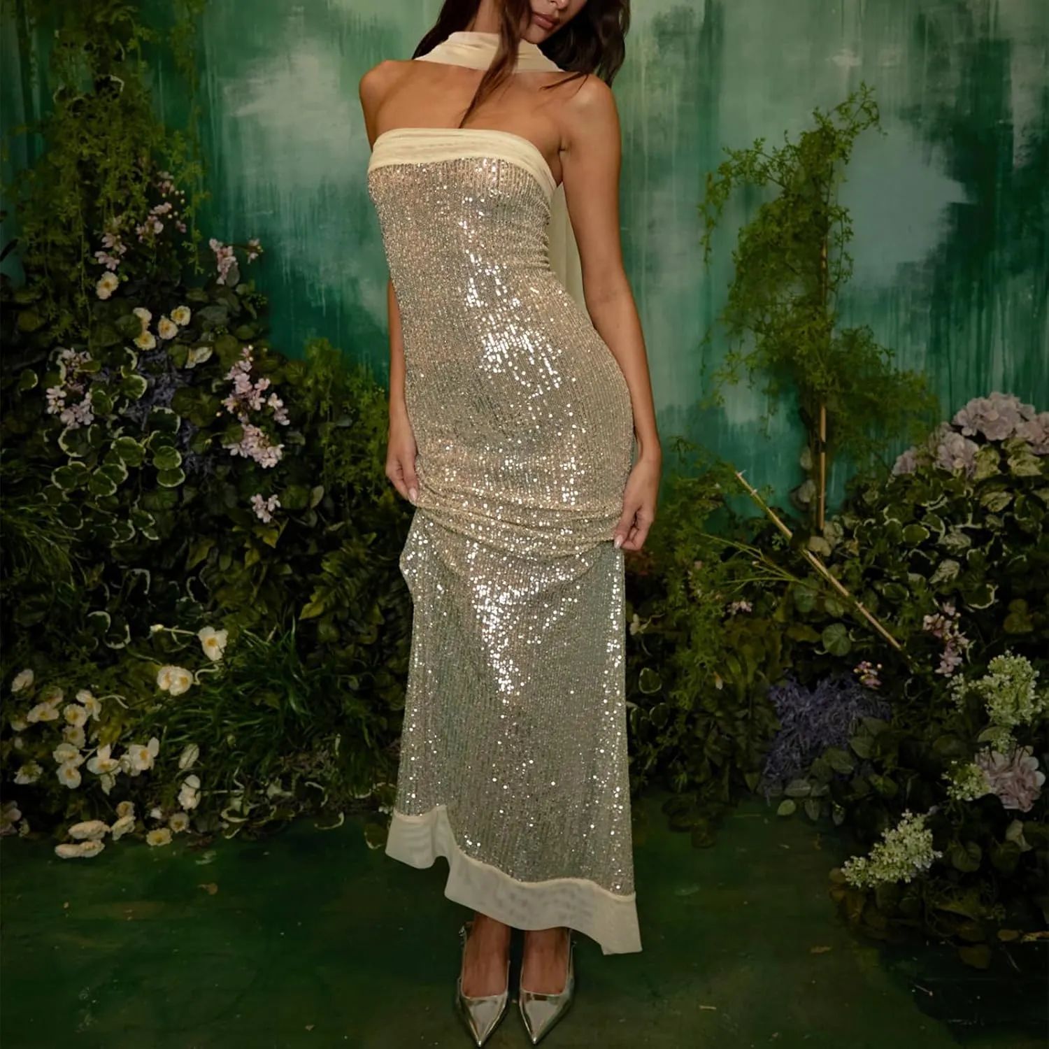 Women Sexy Strapless Sequin Long Dress with Scarf Y2k Glitter Bodycon Cocktail Evening Dress for Club Party