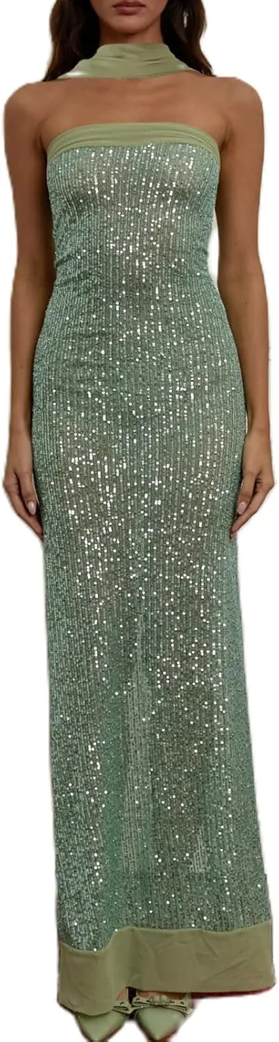 Women Sexy Strapless Sequin Long Dress with Scarf Y2k Glitter Bodycon Cocktail Evening Dress for Club Party