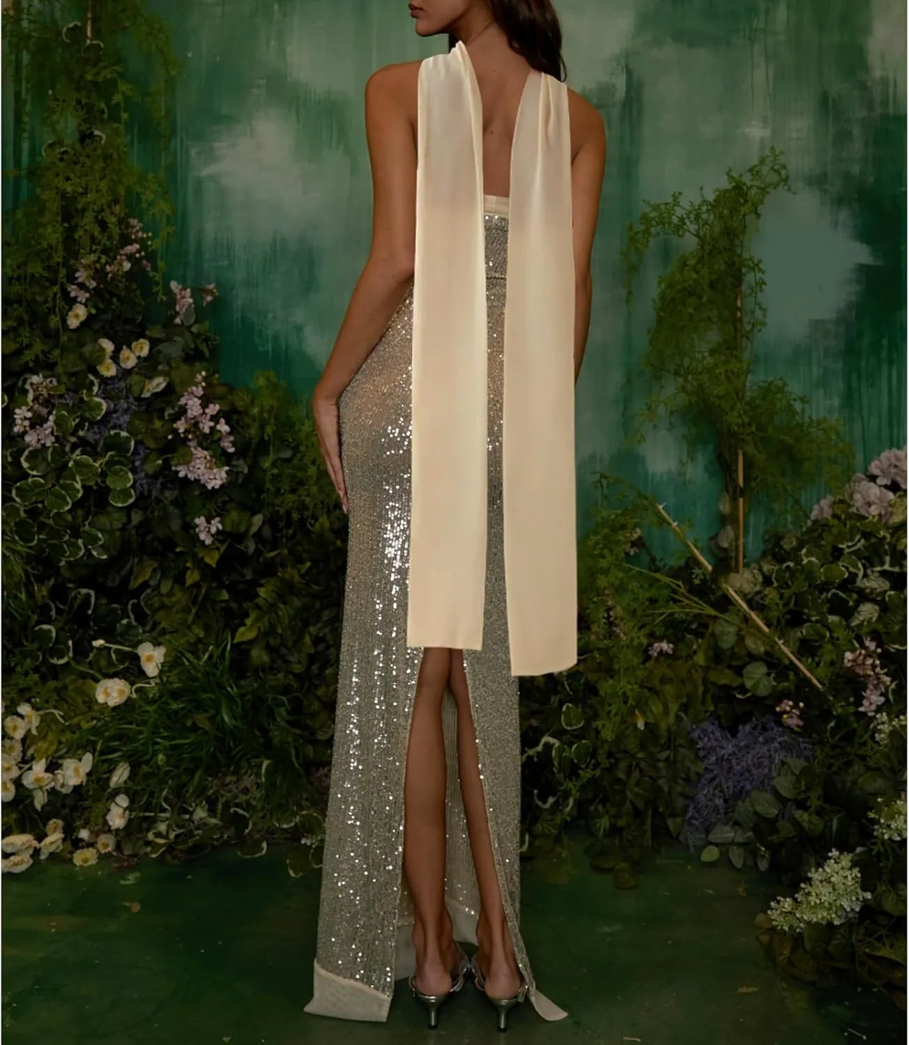 Women Sexy Strapless Sequin Long Dress with Scarf Y2k Glitter Bodycon Cocktail Evening Dress for Club Party