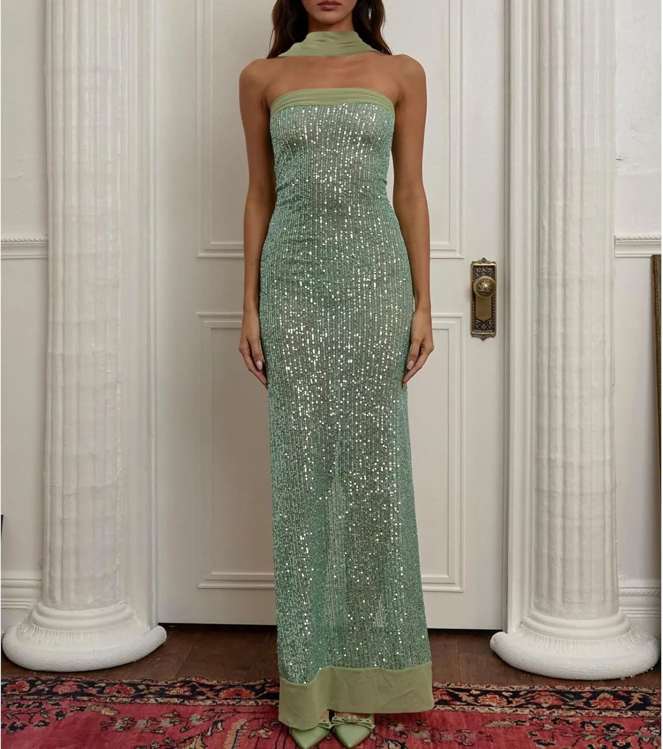 Women Sexy Strapless Sequin Long Dress with Scarf Y2k Glitter Bodycon Cocktail Evening Dress for Club Party