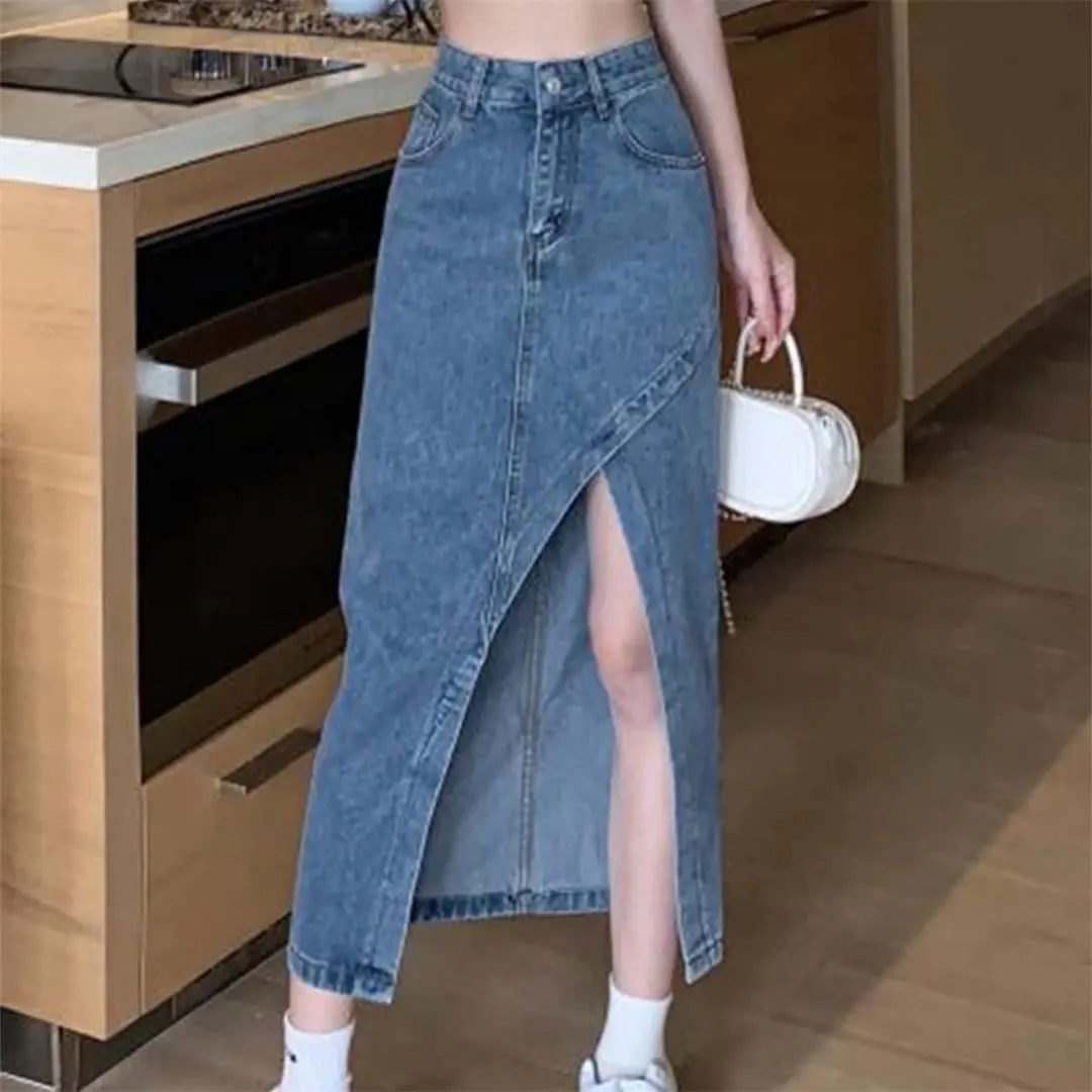 Women Split High Waisted Denim Slim Daily Skirt for Elegant Midi Jean Skirts Chic Streetwear