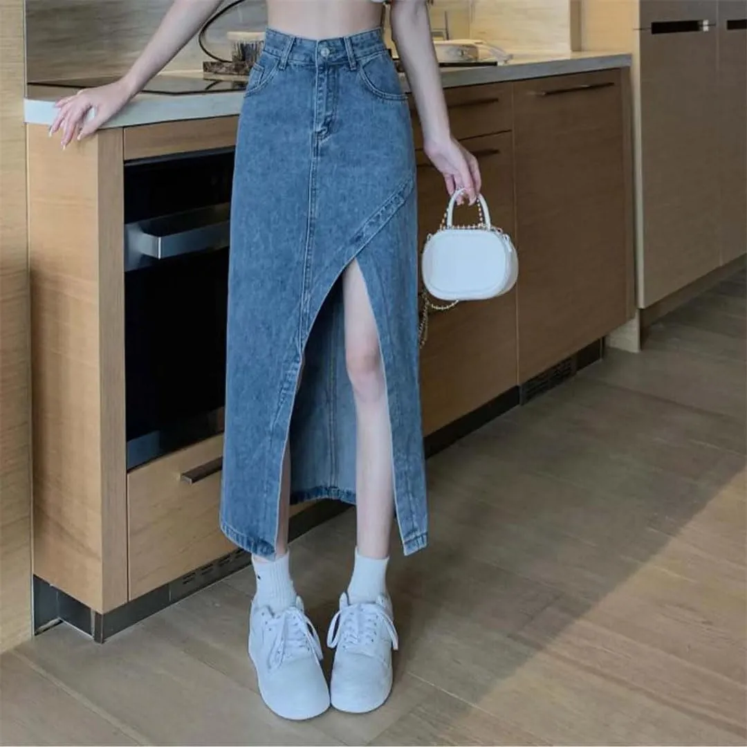 Women Split High Waisted Denim Slim Daily Skirt for Elegant Midi Jean Skirts Chic Streetwear