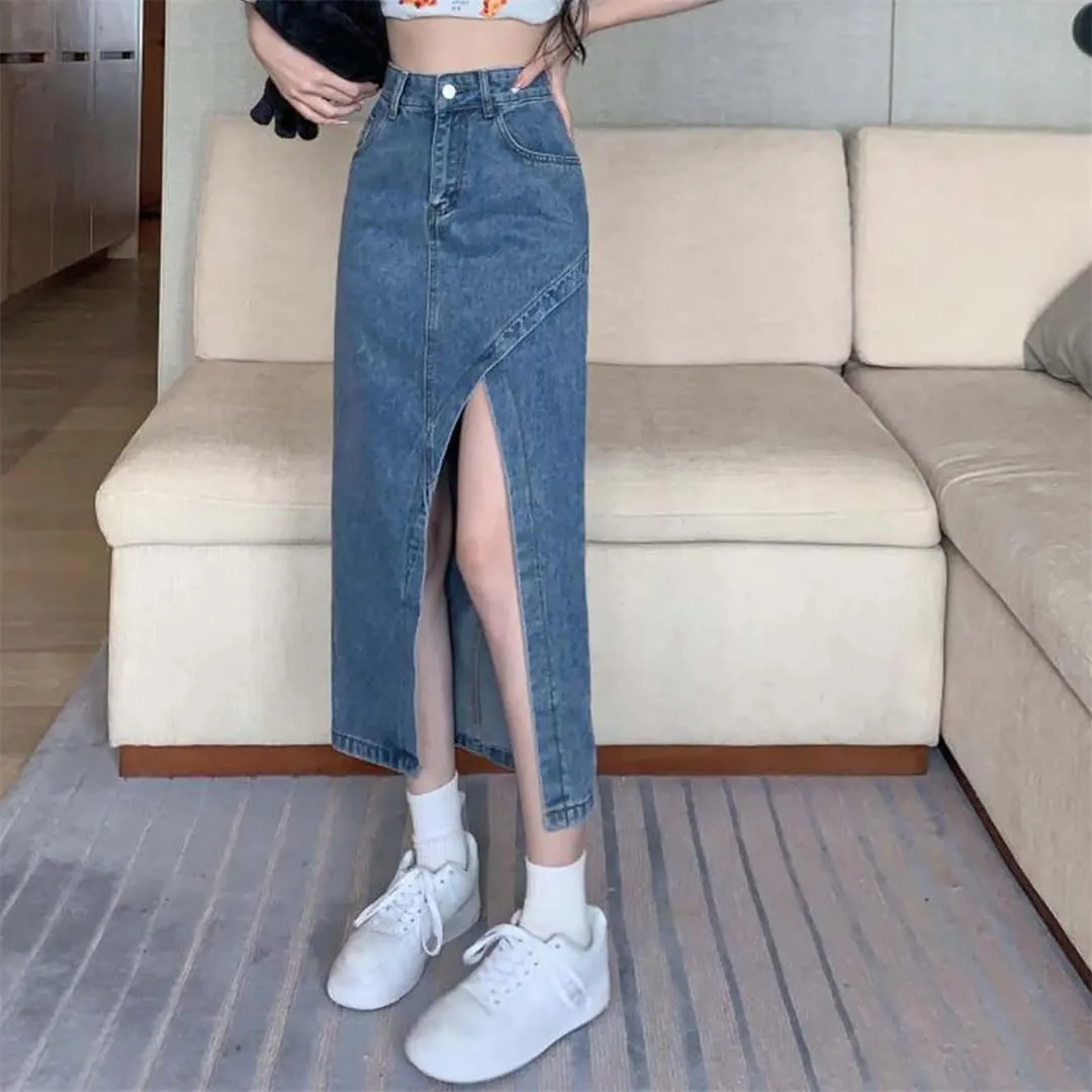Women Split High Waisted Denim Slim Daily Skirt for Elegant Midi Jean Skirts Chic Streetwear