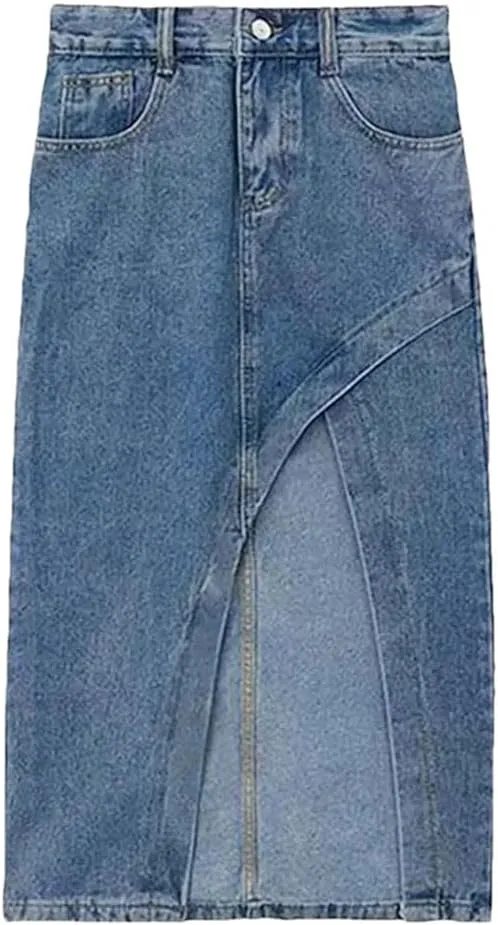 Women Split High Waisted Denim Slim Daily Skirt for Elegant Midi Jean Skirts Chic Streetwear