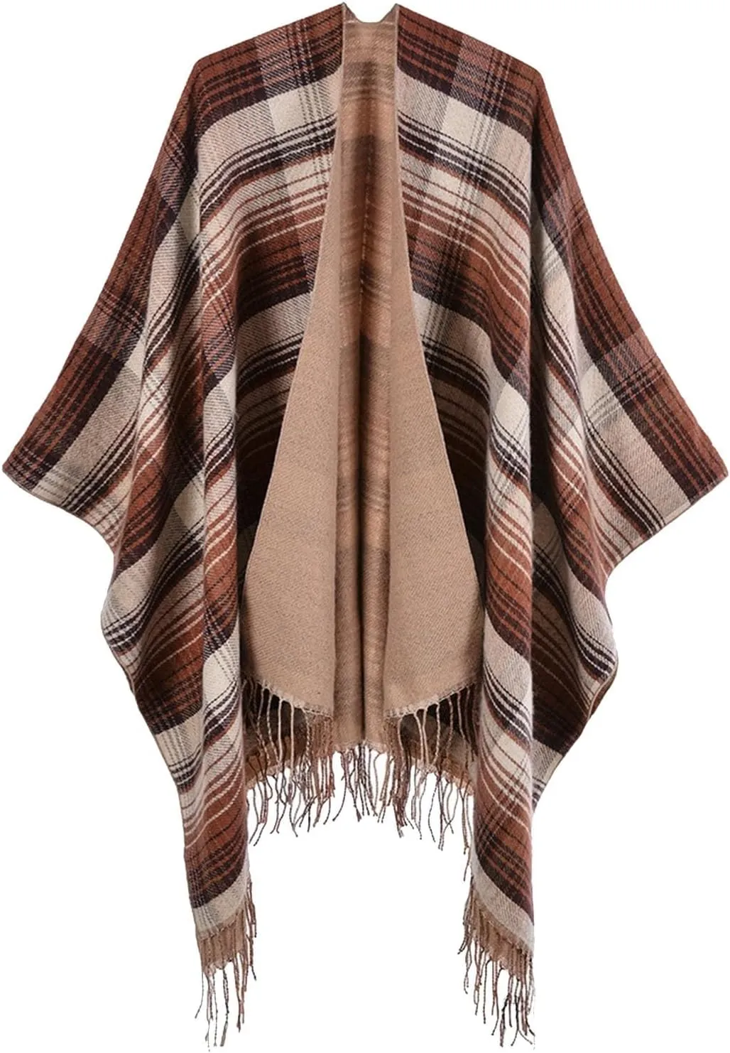 Women's Boho Open Front Poncho Cape Fall Winter Knitted Warm Plaid Pashmina Shawl Wrap Cape Tassel Cardigan Sweater