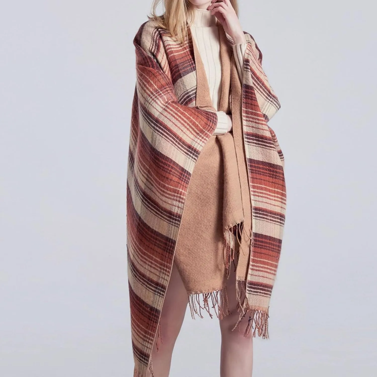 Women's Boho Open Front Poncho Cape Fall Winter Knitted Warm Plaid Pashmina Shawl Wrap Cape Tassel Cardigan Sweater