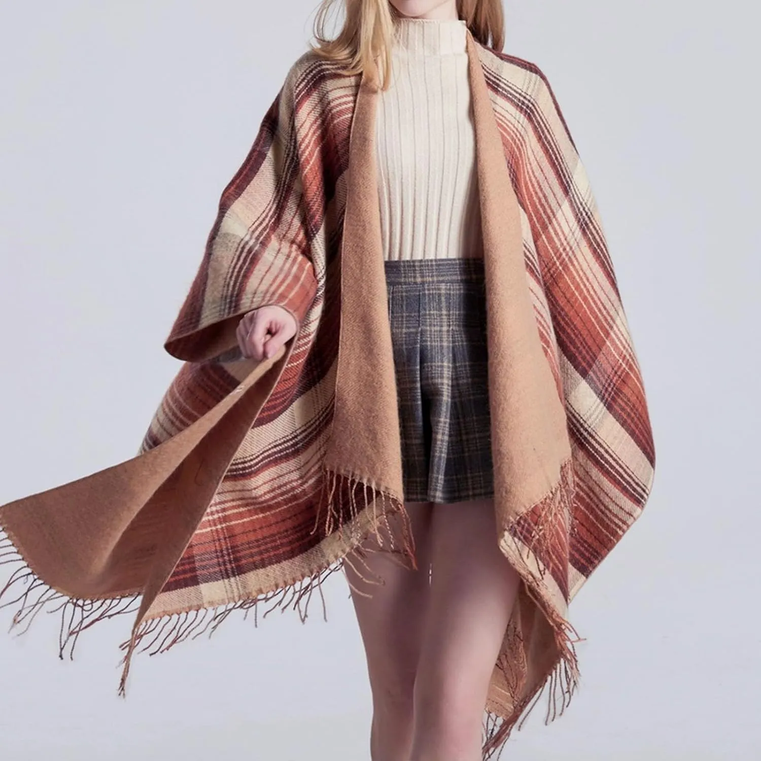 Women's Boho Open Front Poncho Cape Fall Winter Knitted Warm Plaid Pashmina Shawl Wrap Cape Tassel Cardigan Sweater