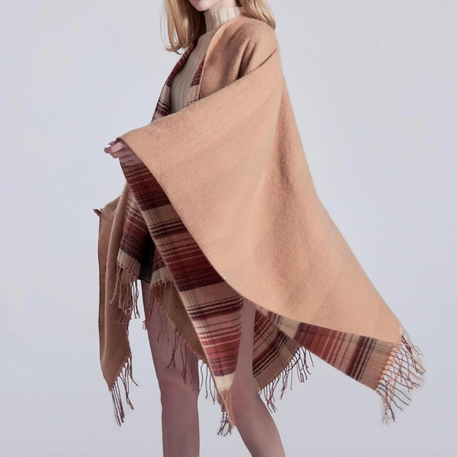 Women's Boho Open Front Poncho Cape Fall Winter Knitted Warm Plaid Pashmina Shawl Wrap Cape Tassel Cardigan Sweater