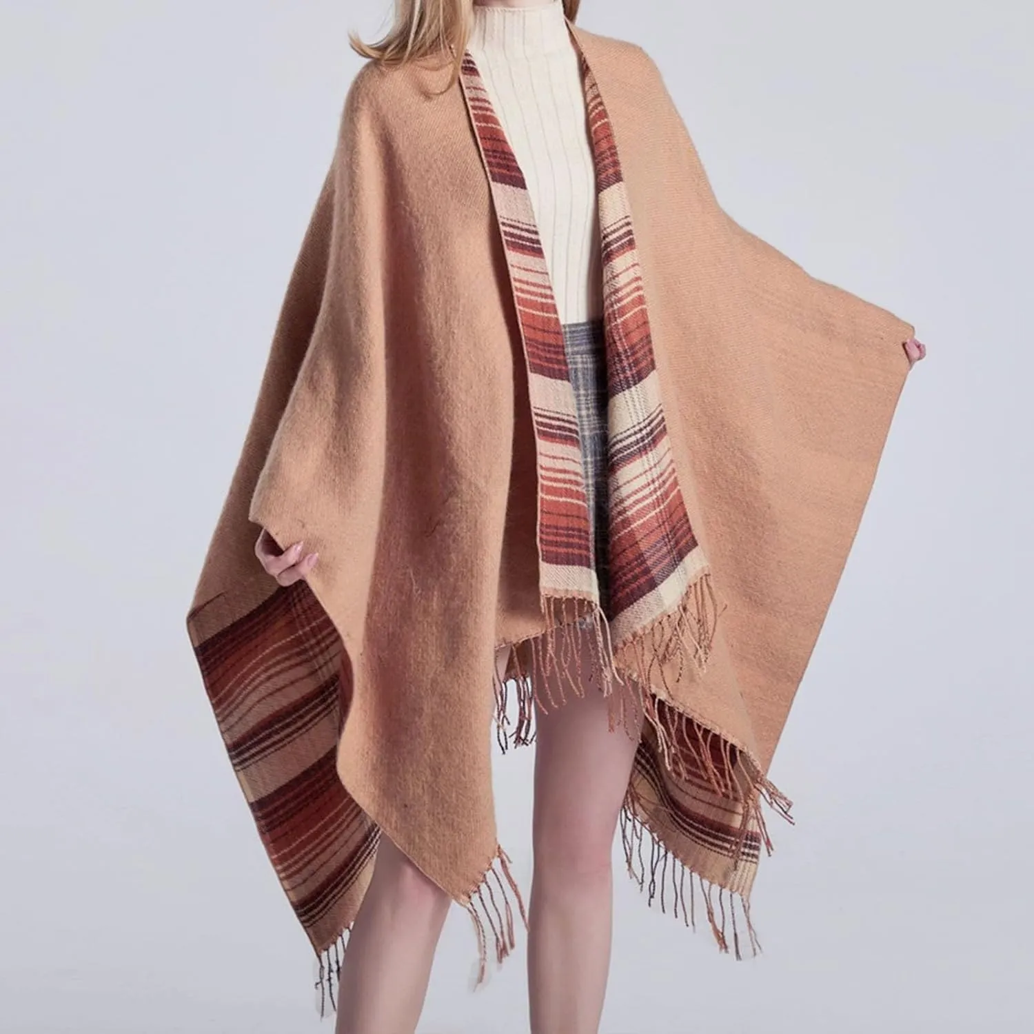 Women's Boho Open Front Poncho Cape Fall Winter Knitted Warm Plaid Pashmina Shawl Wrap Cape Tassel Cardigan Sweater