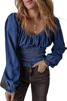 Women's Dark Blue Smocked Ruffled Puff Sleeve Denim V Neck Blouse