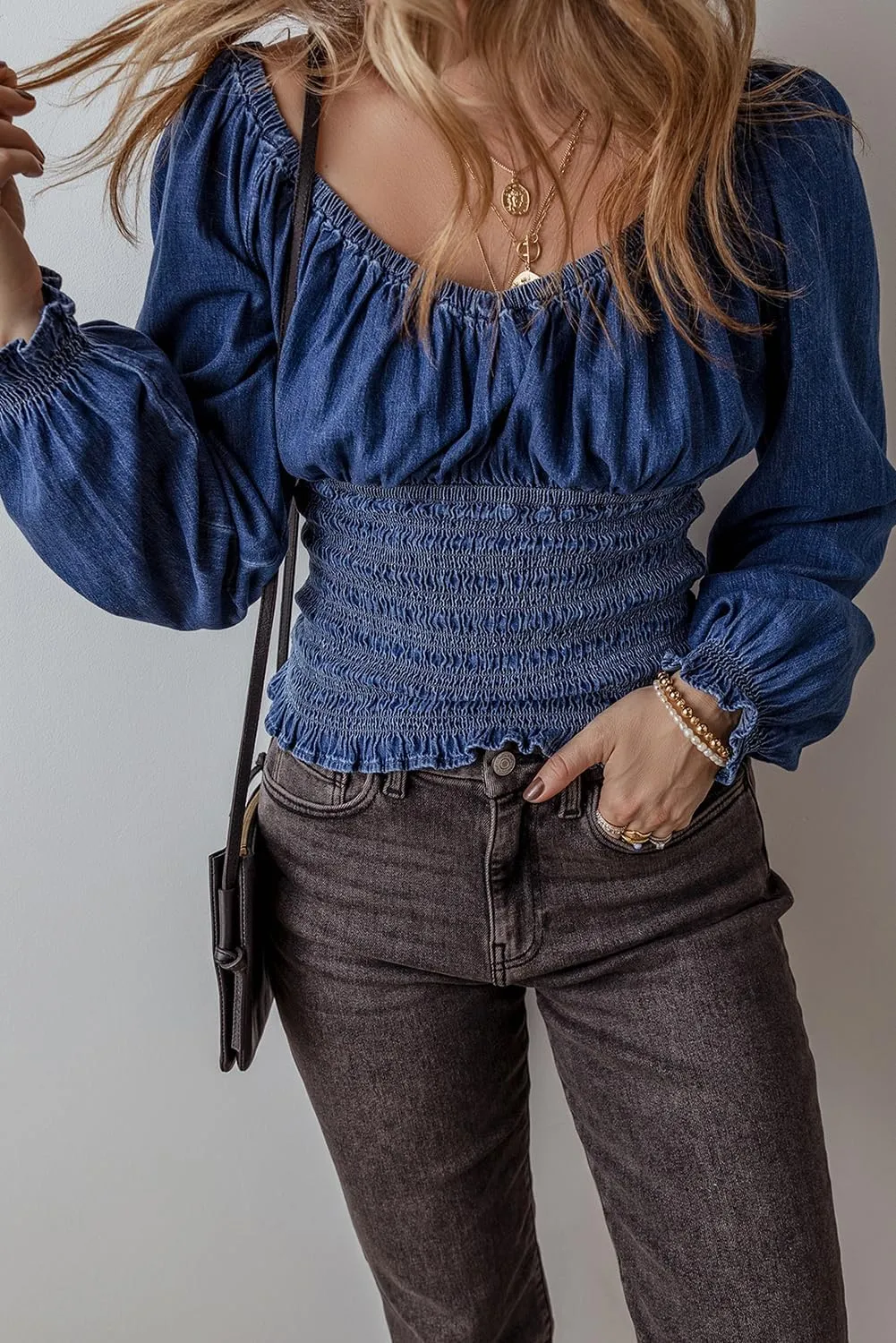 Women's Dark Blue Smocked Ruffled Puff Sleeve Denim V Neck Blouse