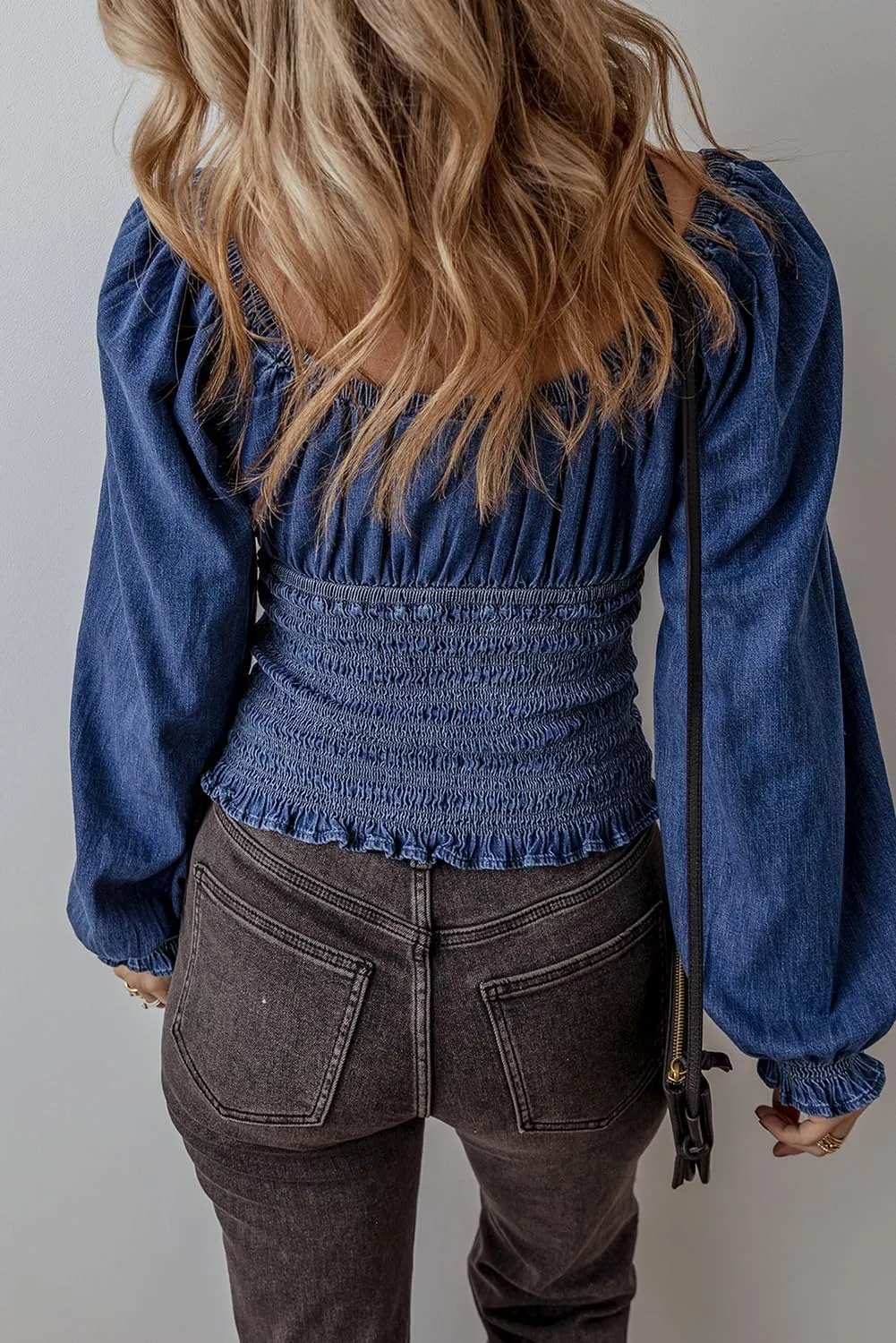 Women's Dark Blue Smocked Ruffled Puff Sleeve Denim V Neck Blouse
