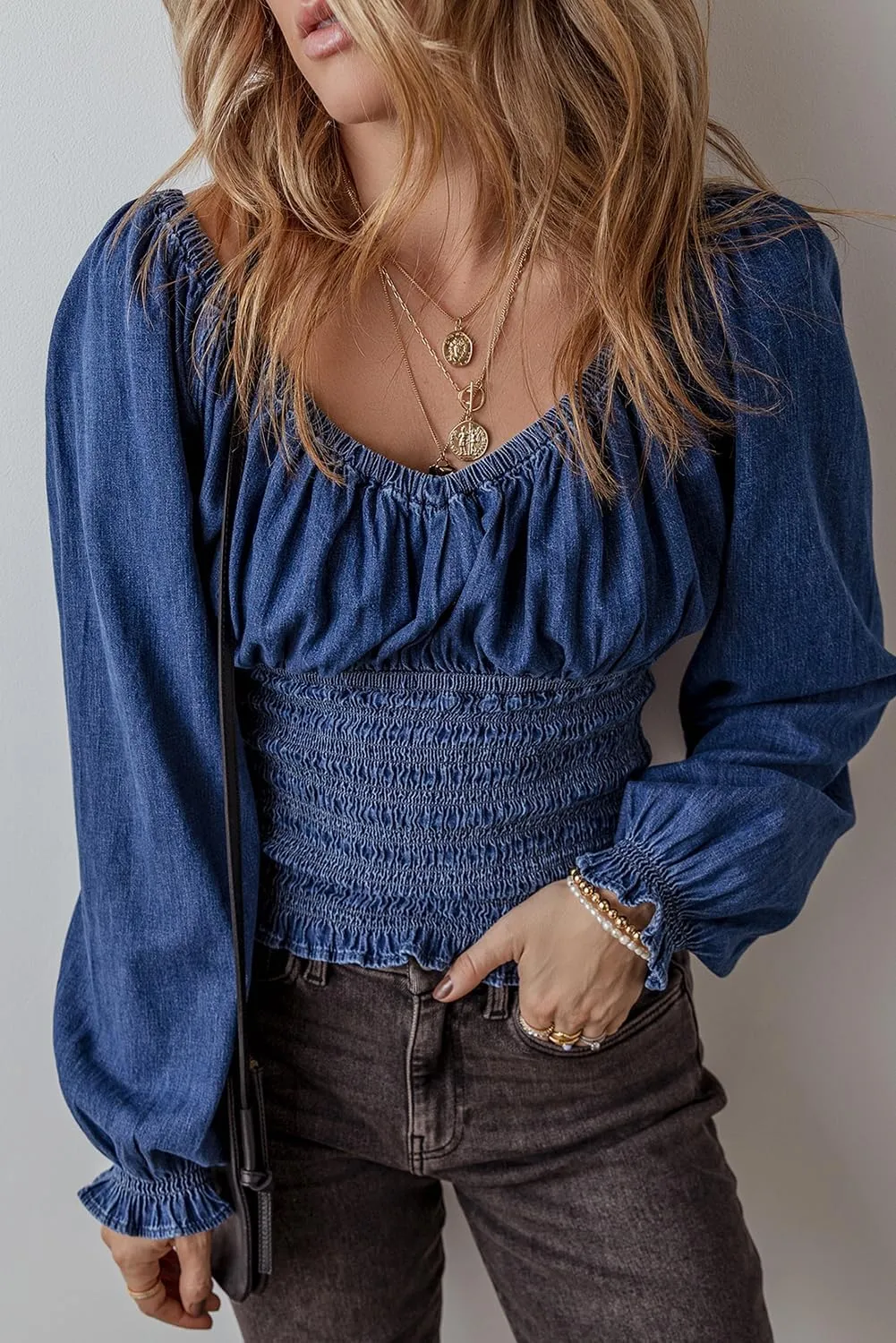 Women's Dark Blue Smocked Ruffled Puff Sleeve Denim V Neck Blouse