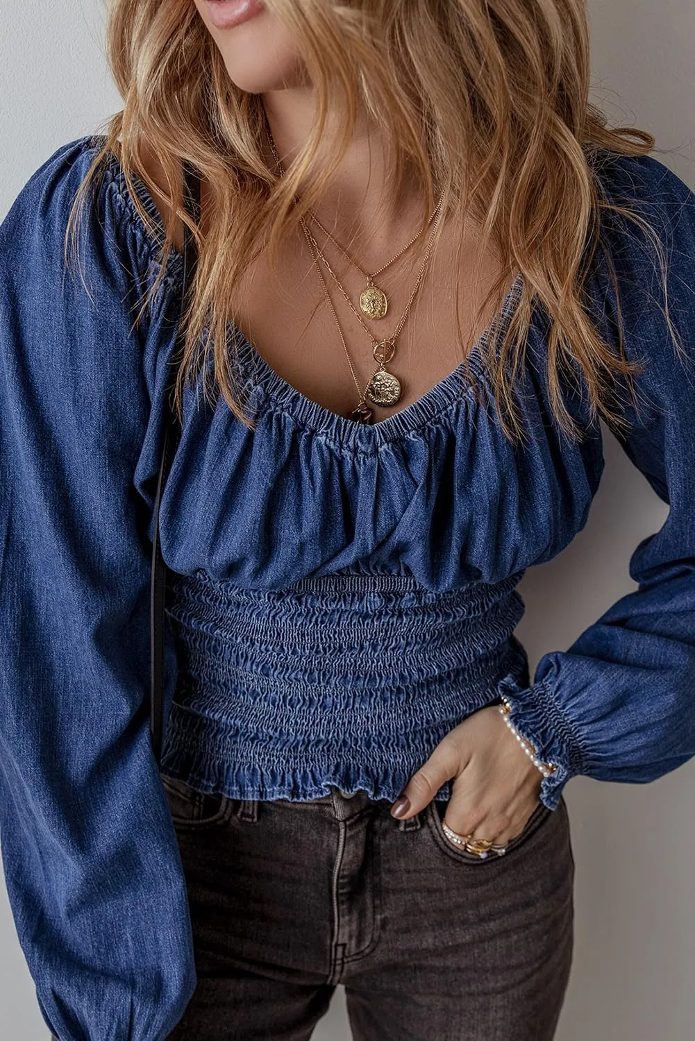 Women's Dark Blue Smocked Ruffled Puff Sleeve Denim V Neck Blouse