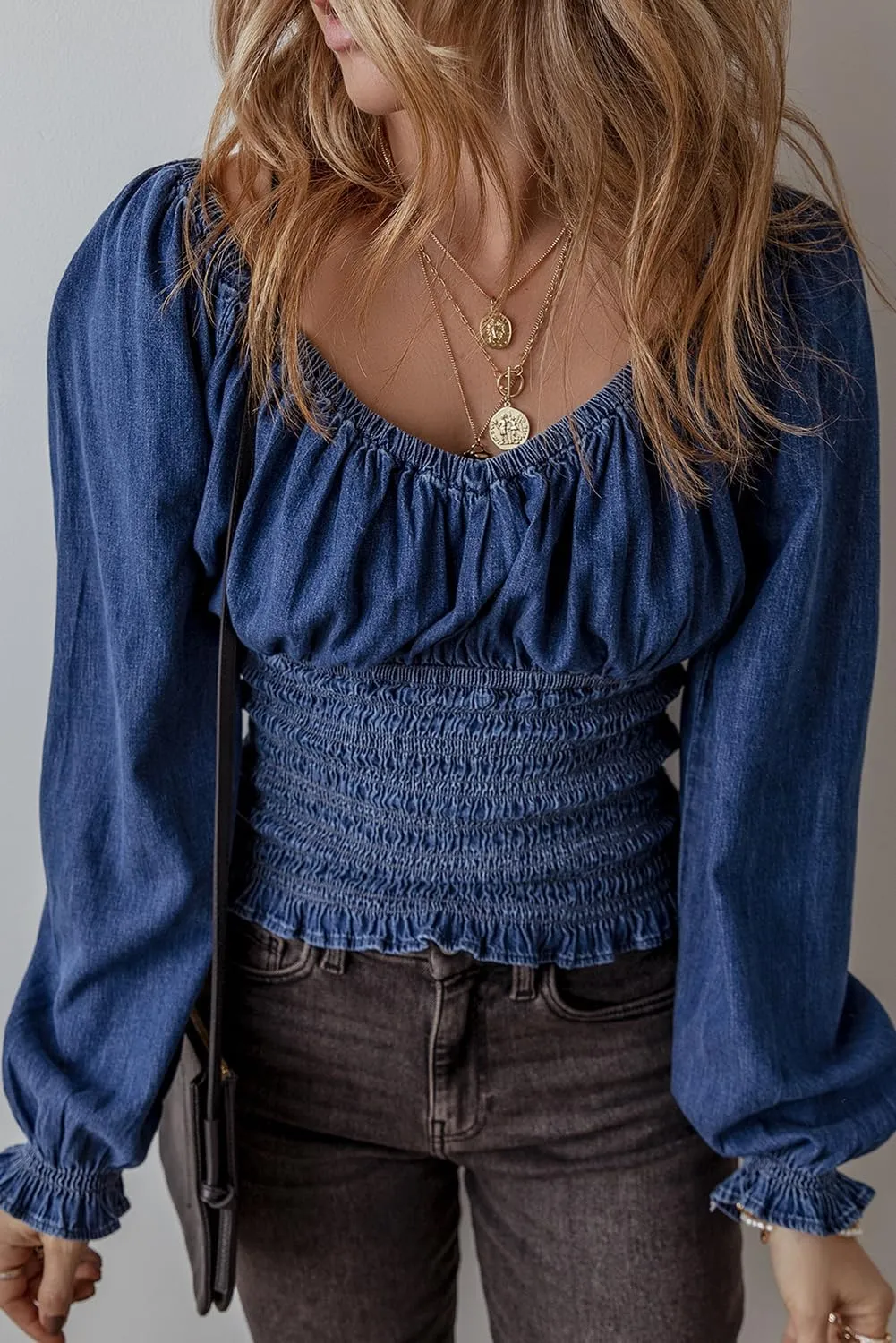 Women's Dark Blue Smocked Ruffled Puff Sleeve Denim V Neck Blouse