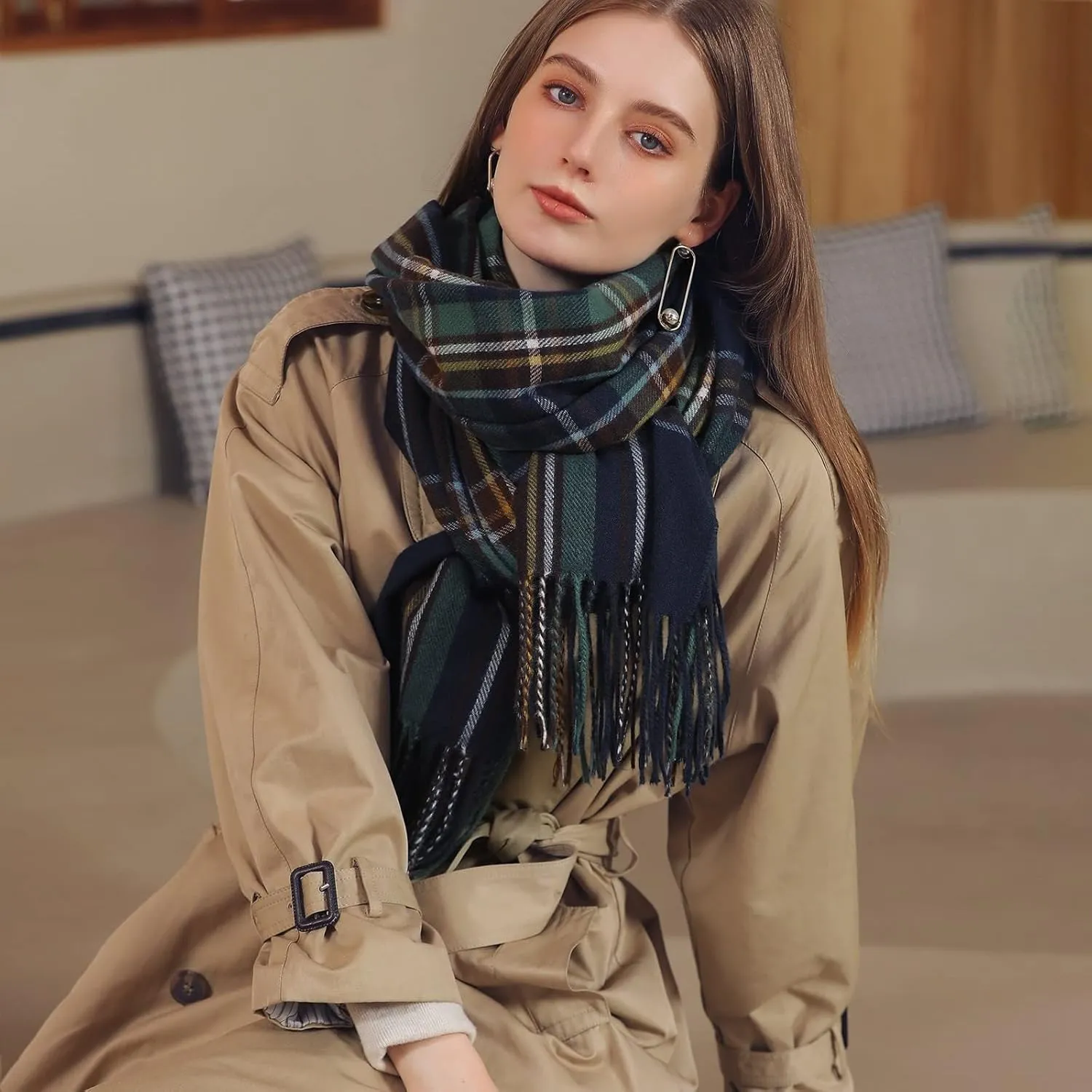 Womens Fall Winter Thermal Scarf Classic Plaid Print Tassel Soft Warm Blanket Scarves Ladie's Shawl Wraps