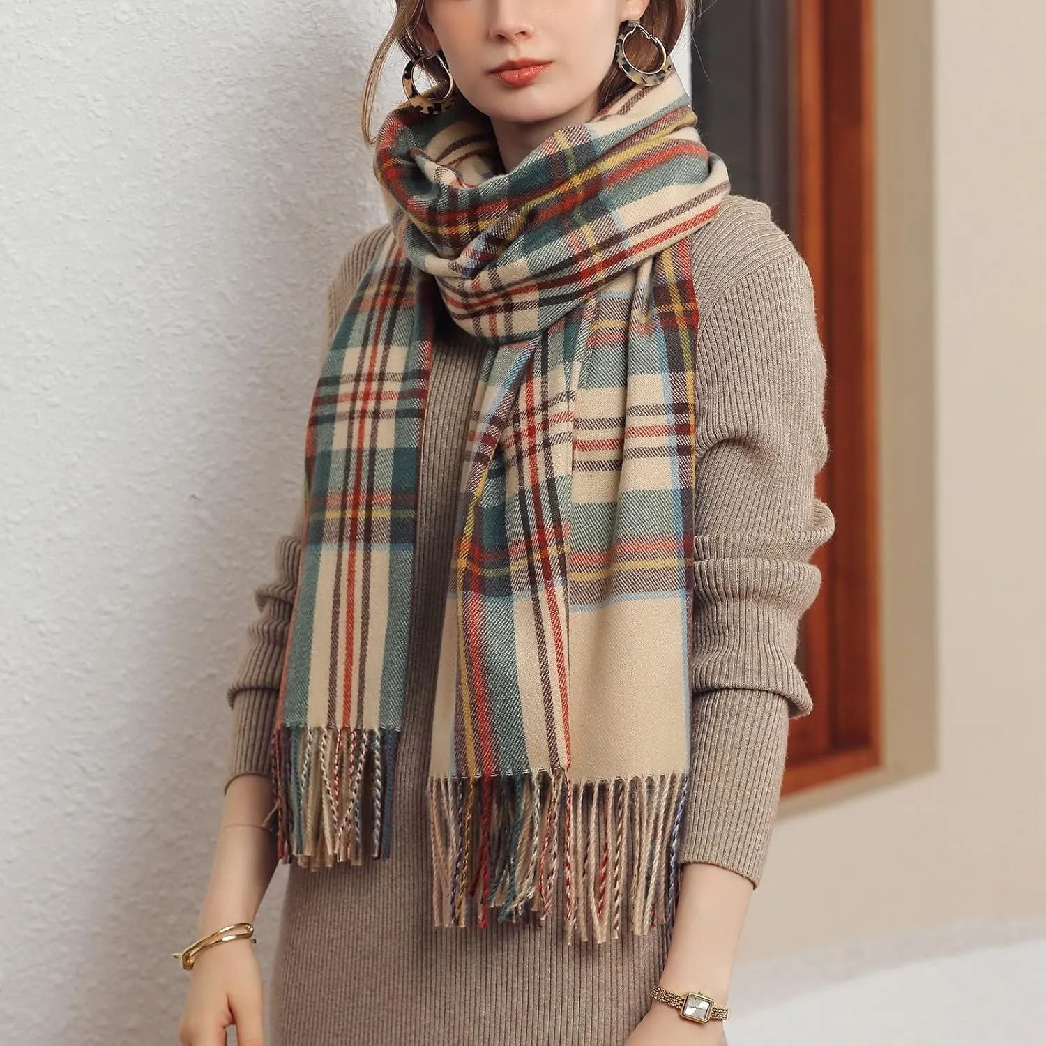 Womens Fall Winter Thermal Scarf Classic Plaid Print Tassel Soft Warm Blanket Scarves Ladie's Shawl Wraps