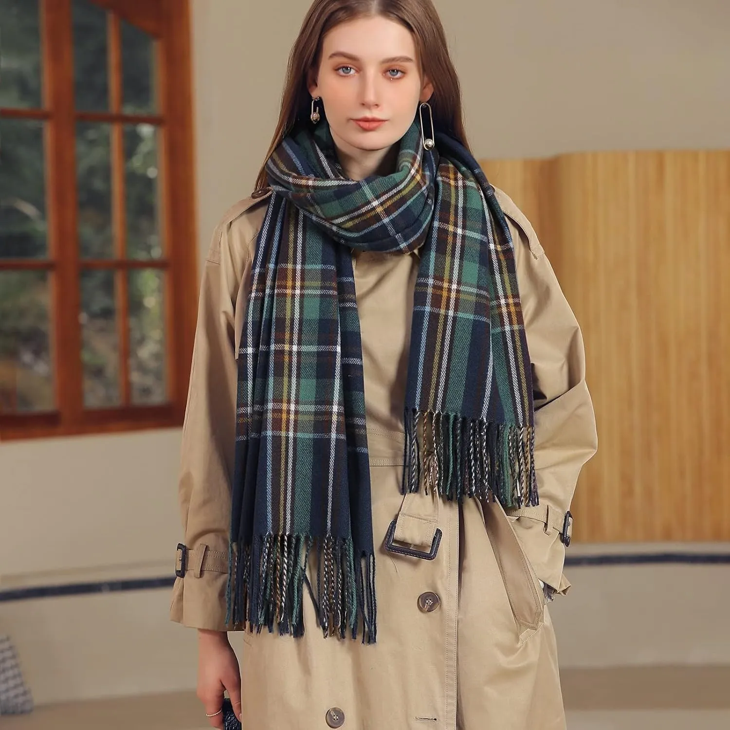 Womens Fall Winter Thermal Scarf Classic Plaid Print Tassel Soft Warm Blanket Scarves Ladie's Shawl Wraps
