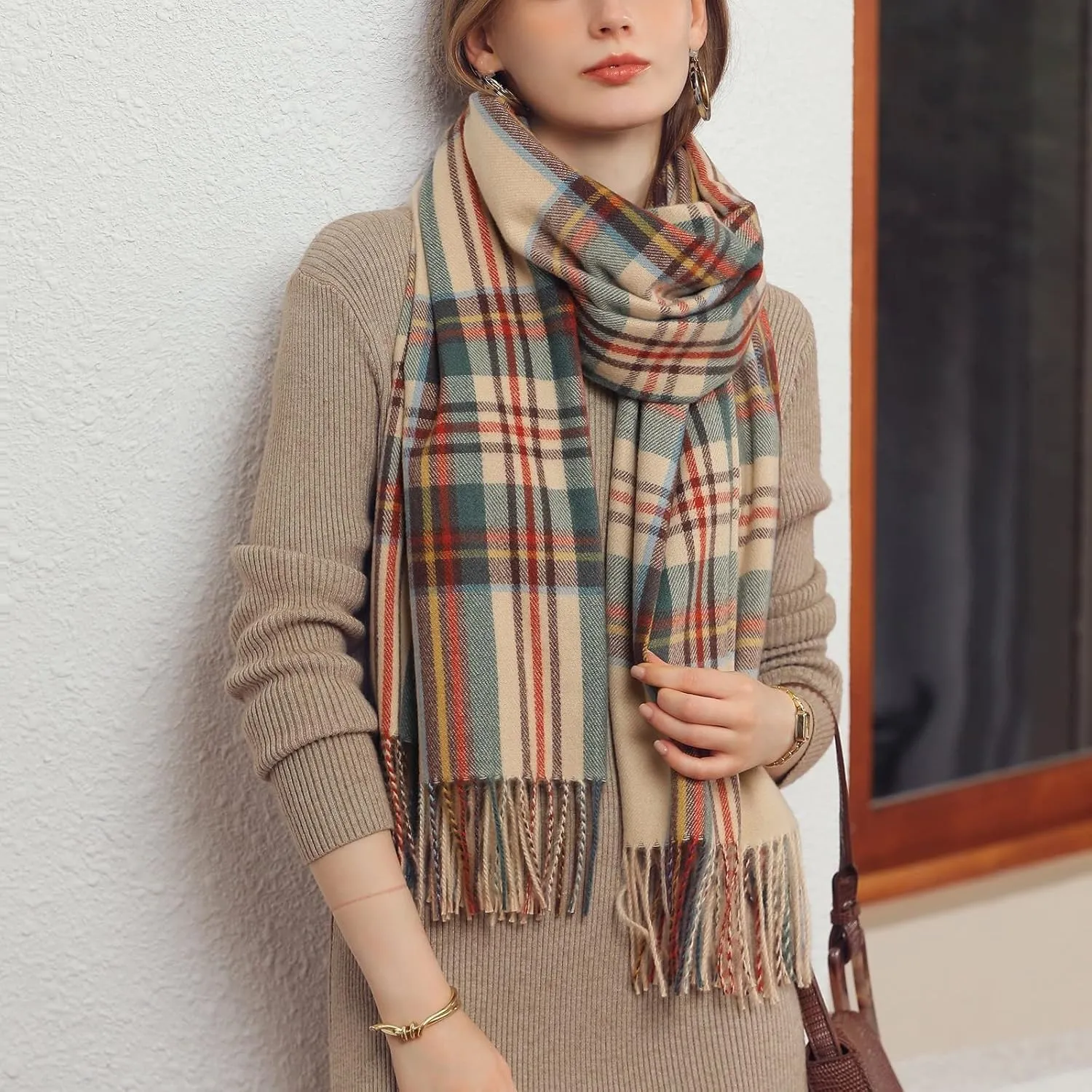 Womens Fall Winter Thermal Scarf Classic Plaid Print Tassel Soft Warm Blanket Scarves Ladie's Shawl Wraps