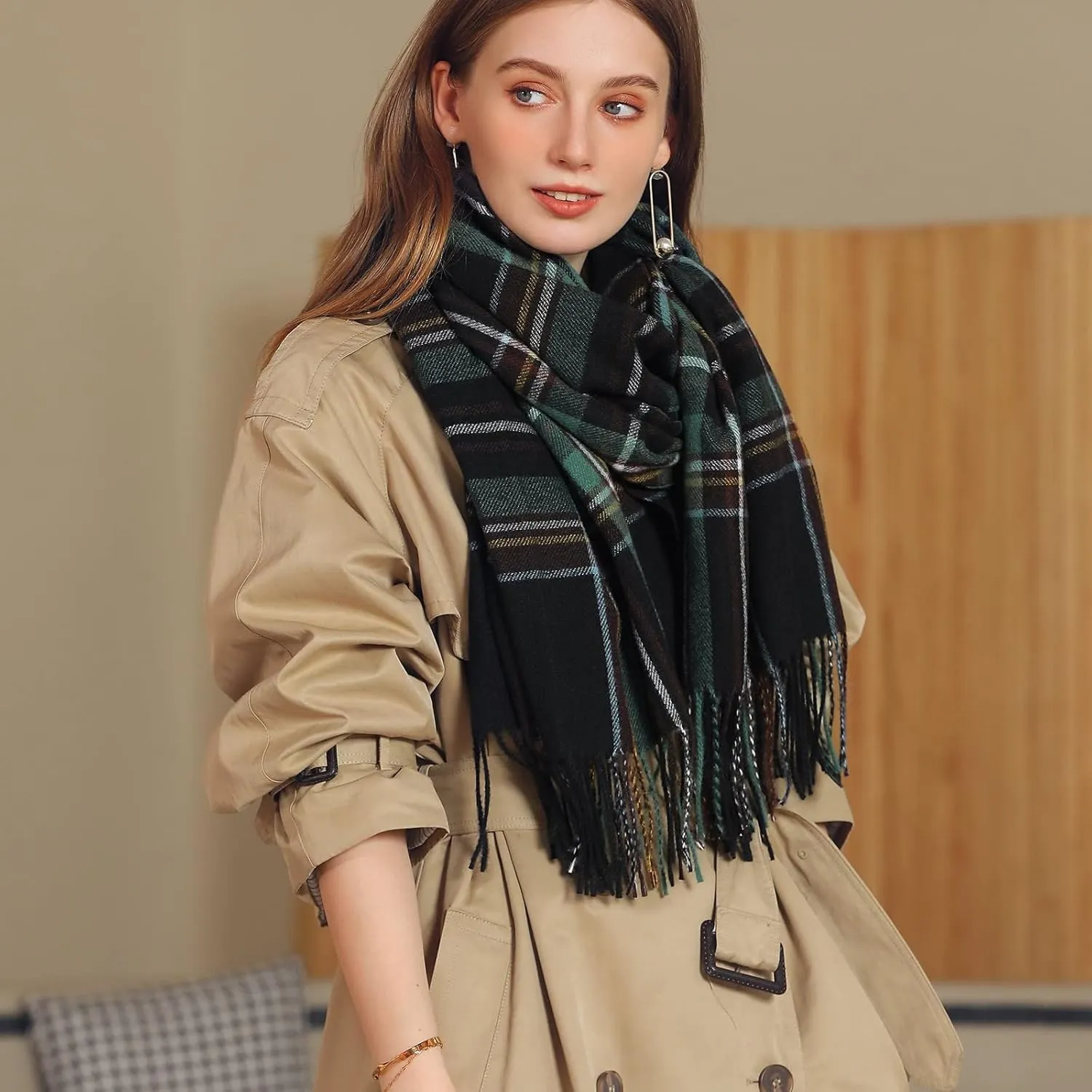 Womens Fall Winter Thermal Scarf Classic Plaid Print Tassel Soft Warm Blanket Scarves Ladie's Shawl Wraps
