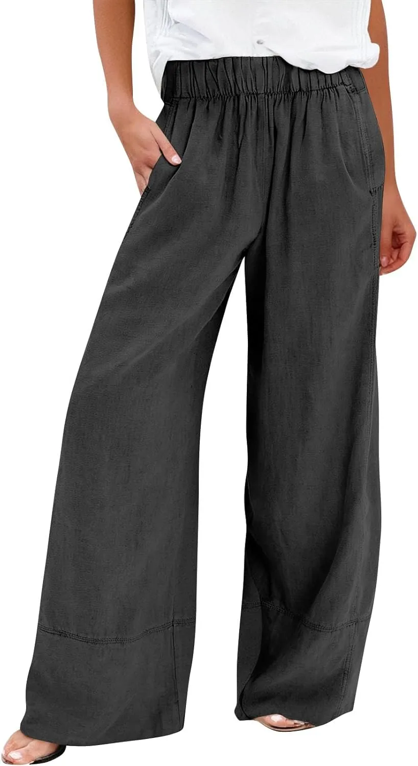 Womens Linen Pants Summer Cotton High Waist Palazzo Pants Baggy Casual Relaxed Fit Flowy Boho Beach Trousers Pockets