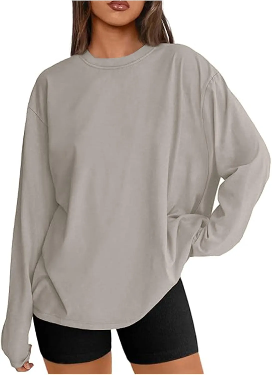 Womens Oversized Long Sleeve T Shirts Basic Crewneck Tee Fall Tops Solid Comfortable Workout Fashion Casual Clothes