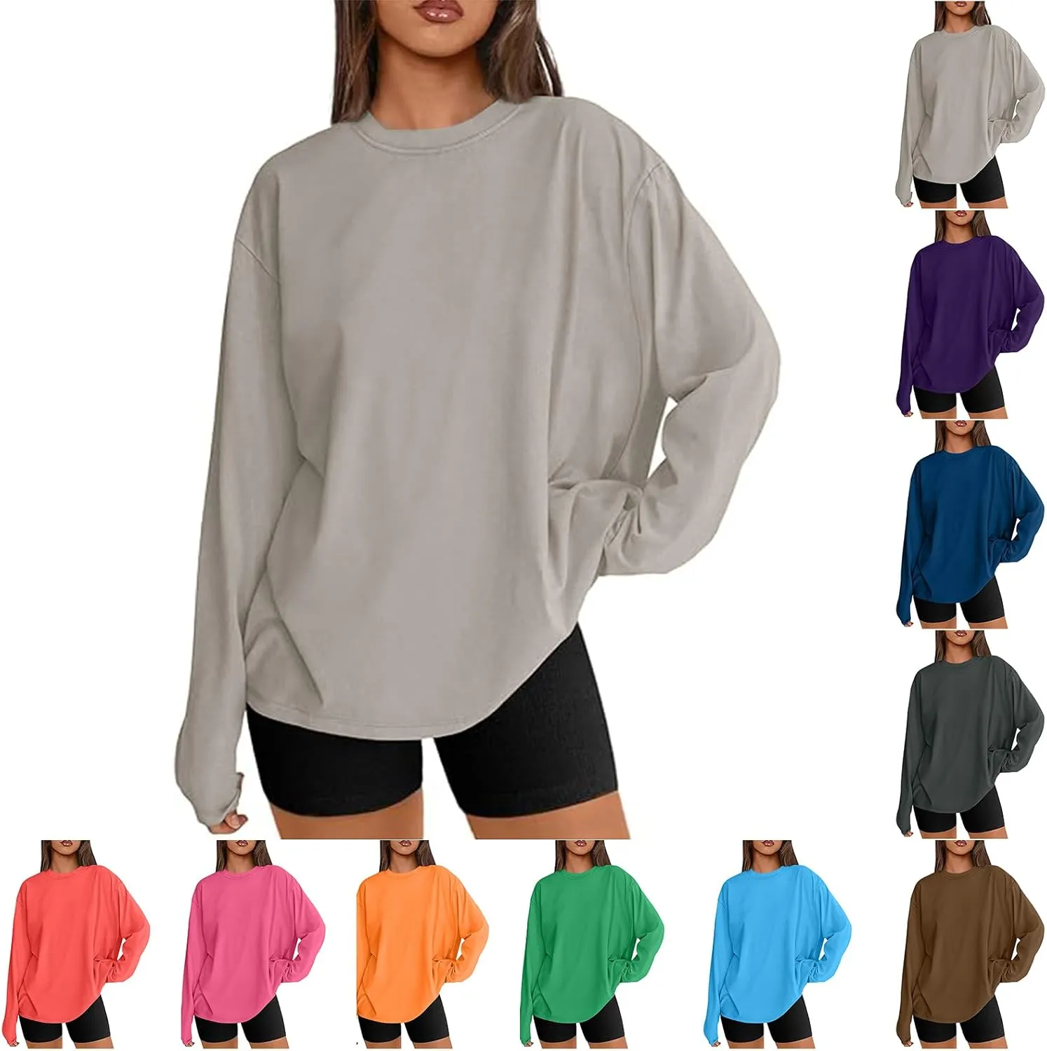 Womens Oversized Long Sleeve T Shirts Basic Crewneck Tee Fall Tops Solid Comfortable Workout Fashion Casual Clothes