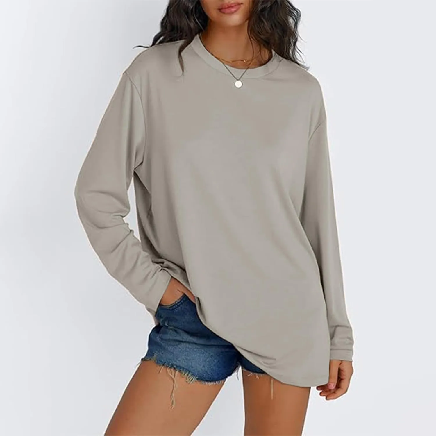 Womens Oversized Long Sleeve T Shirts Basic Crewneck Tee Fall Tops Solid Comfortable Workout Fashion Casual Clothes