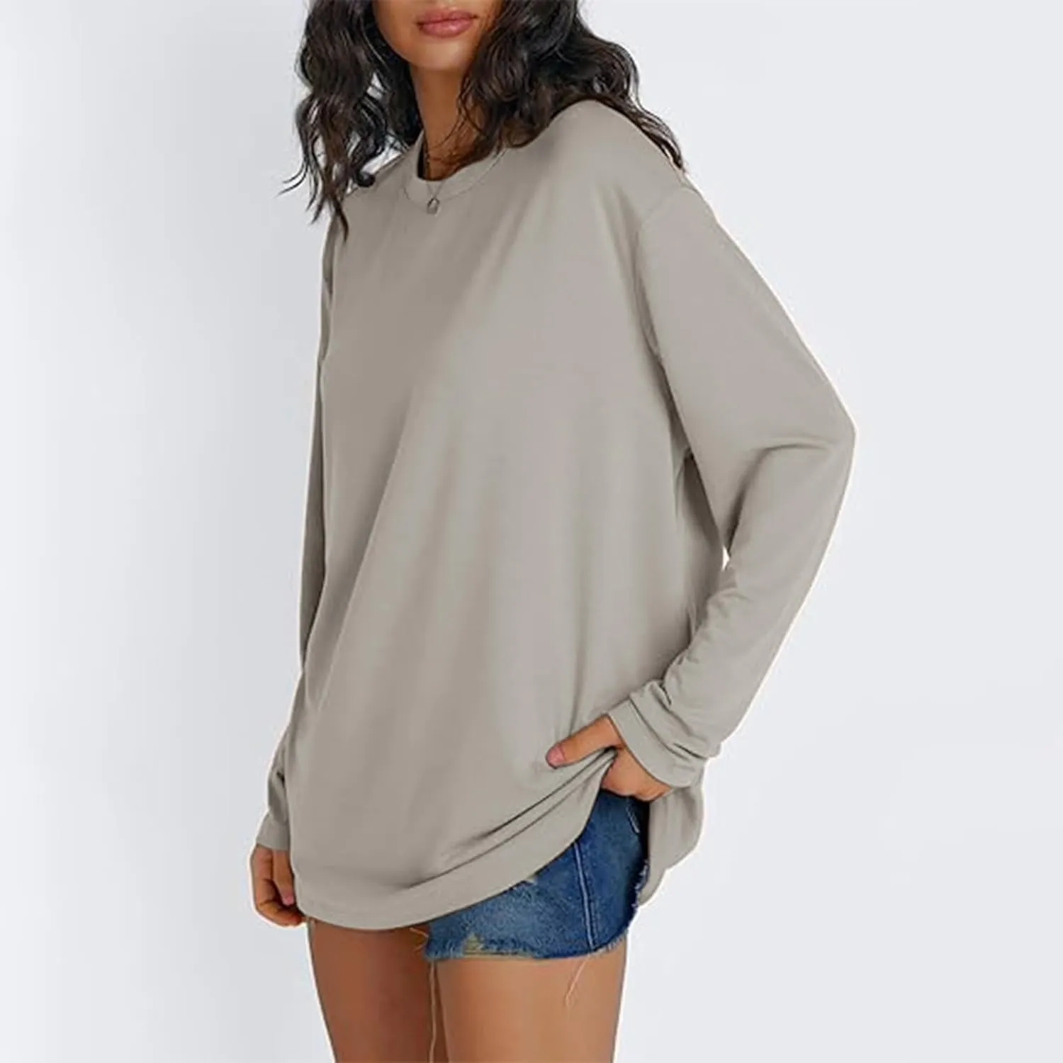 Womens Oversized Long Sleeve T Shirts Basic Crewneck Tee Fall Tops Solid Comfortable Workout Fashion Casual Clothes