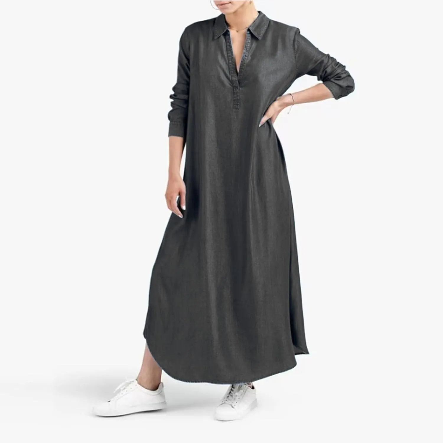 Women's Spring Summer Dress Maxi Dress Long Sleeve V Neck Lapel Shirt Dress Sid Split Casual Loose Maxi Shift Dress