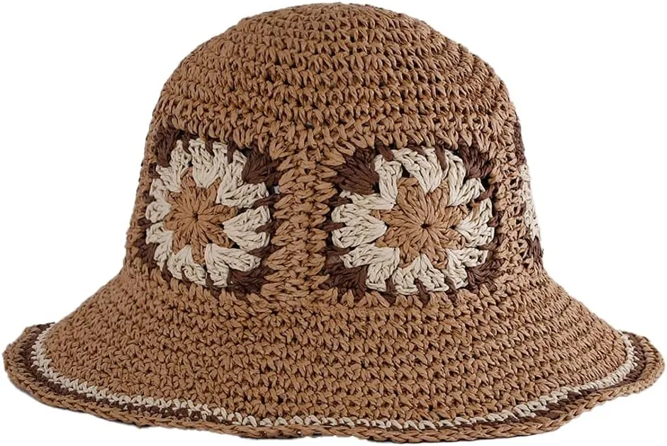 Womens Straw Sun Hat Woven Bucket Hat Floral Fishing Hat Beach Hat Foldable Cap Summer Chic Straw Chic Hat