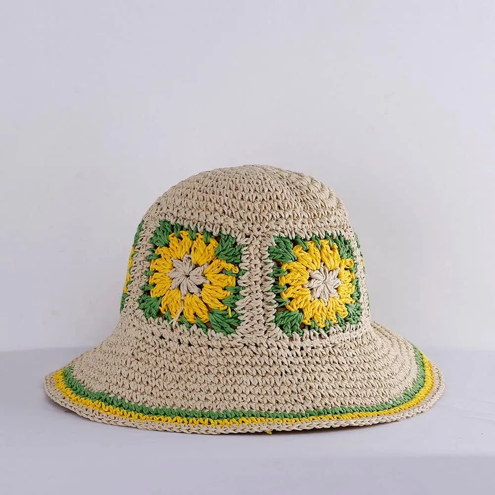 Womens Straw Sun Hat Woven Bucket Hat Floral Fishing Hat Beach Hat Foldable Cap Summer Chic Straw Chic Hat