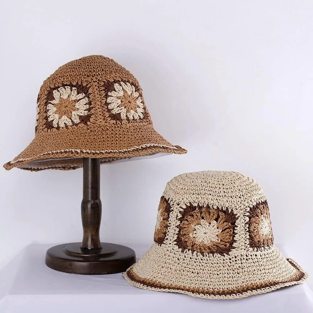 Womens Straw Sun Hat Woven Bucket Hat Floral Fishing Hat Beach Hat Foldable Cap Summer Chic Straw Chic Hat