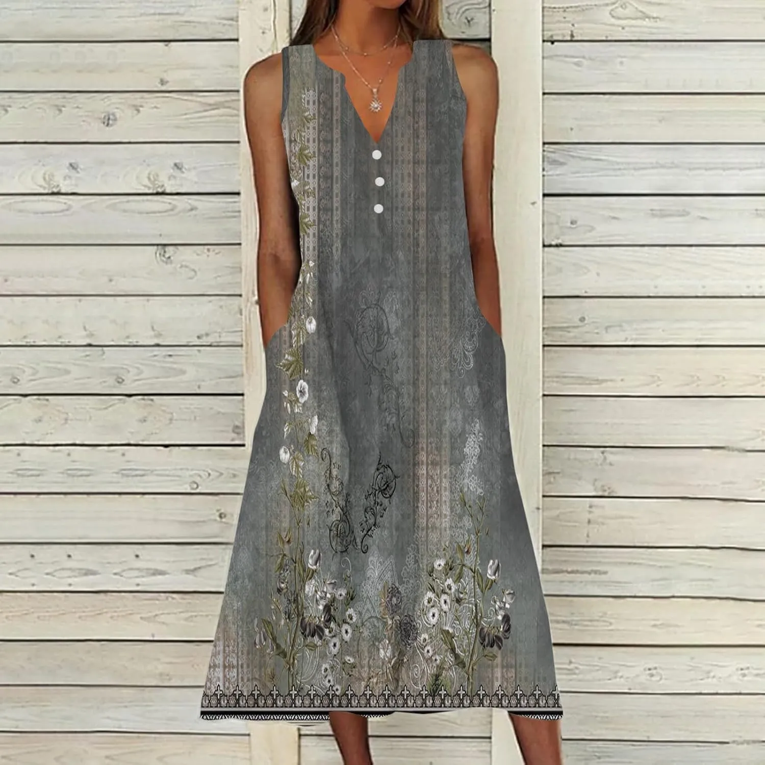 Womens Summer Design Casual Dress Fashion Floral Printed Sleeveless Button V-Neck 2025 Dress Long Dress with Pockets