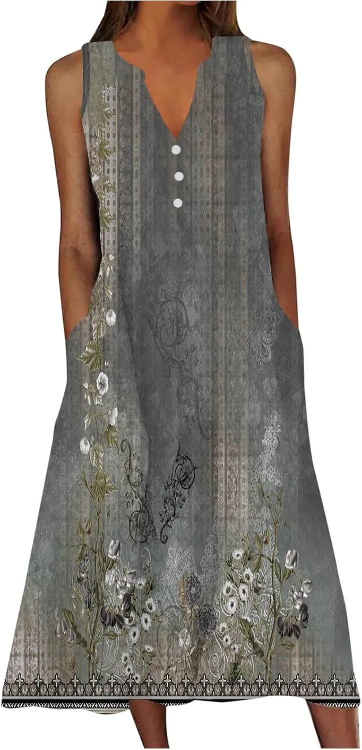 Womens Summer Design Casual Dress Fashion Floral Printed Sleeveless Button V-Neck 2025 Dress Long Dress with Pockets