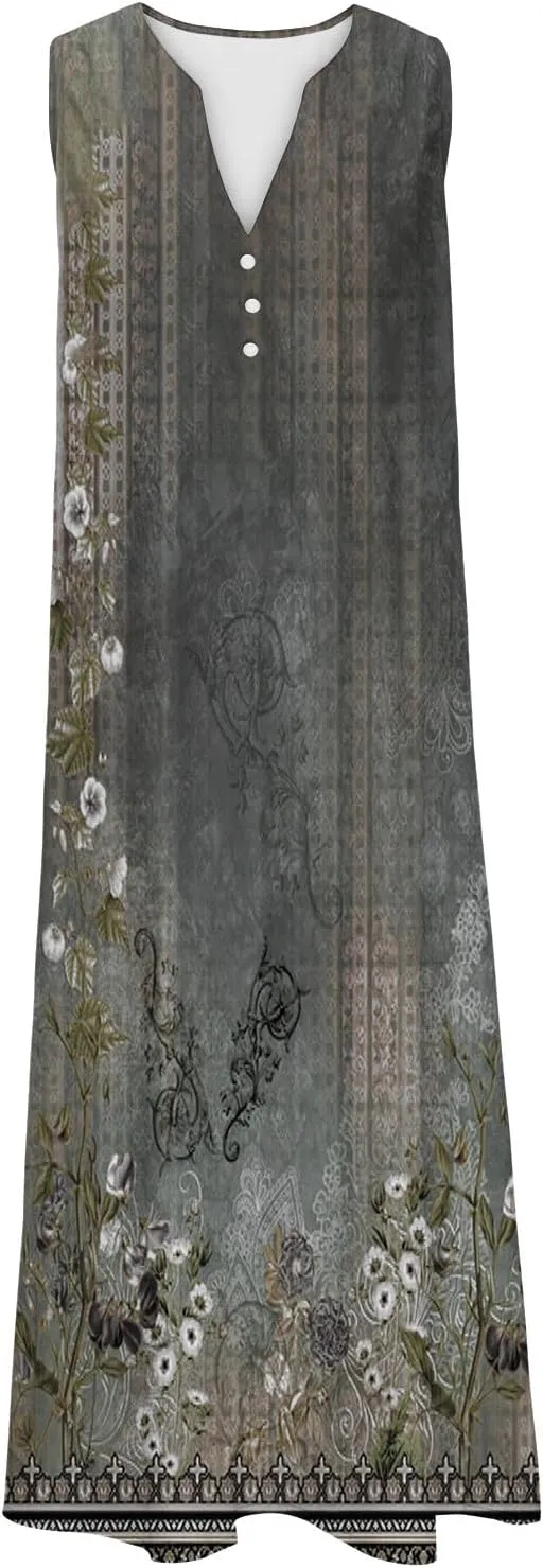 Womens Summer Design Casual Dress Fashion Floral Printed Sleeveless Button V-Neck 2025 Dress Long Dress with Pockets