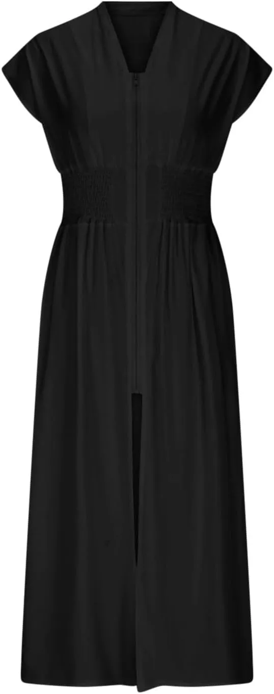 Womens Summer Dress 2025 Casual V Neck Cap Sleeve Plain Dress Zipper Front Flowy Midi Dress with Pockets