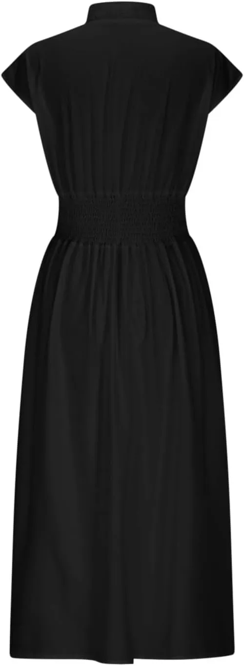 Womens Summer Dress 2025 Casual V Neck Cap Sleeve Plain Dress Zipper Front Flowy Midi Dress with Pockets