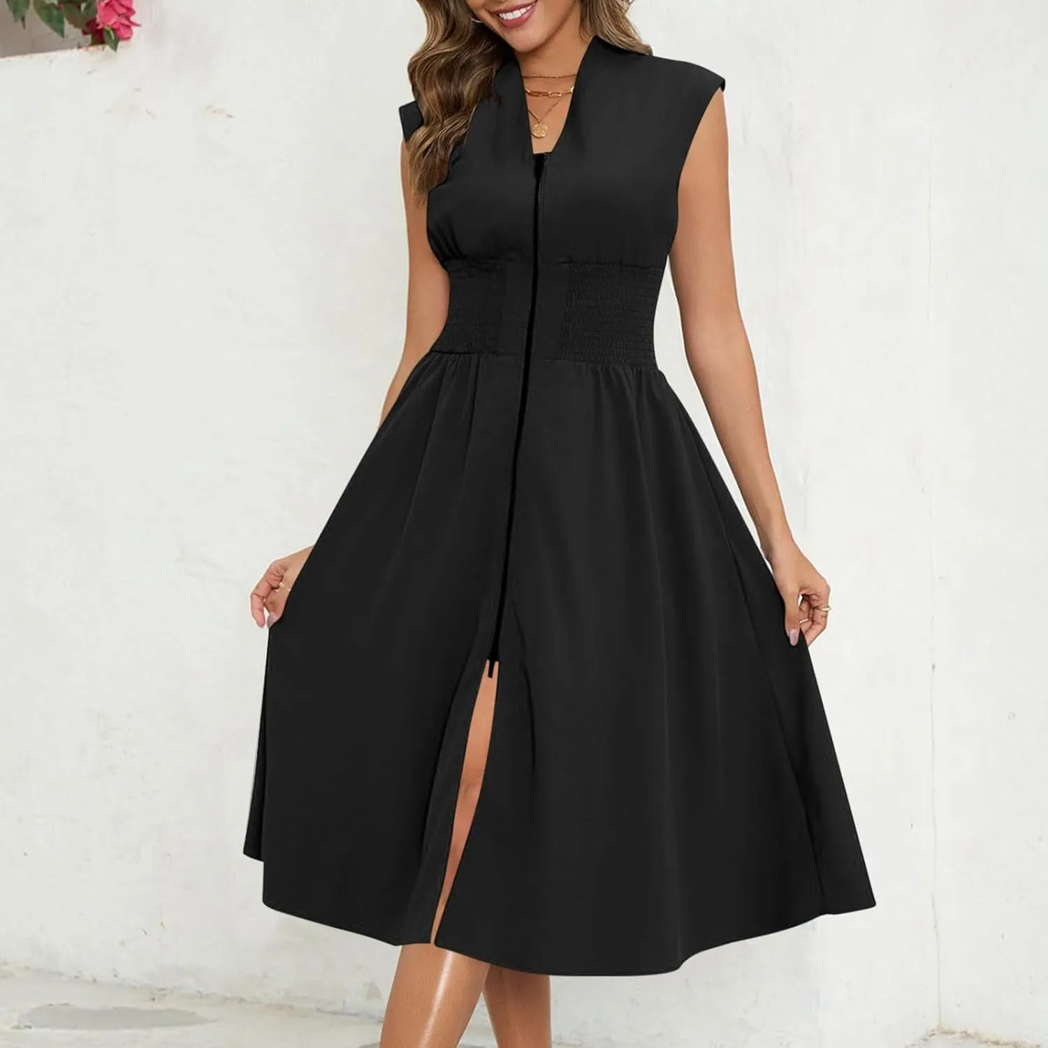 Womens Summer Dress 2025 Casual V Neck Cap Sleeve Plain Dress Zipper Front Flowy Midi Dress with Pockets