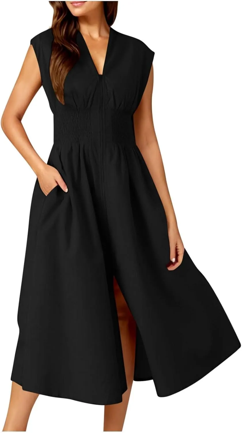 Womens Summer Dress 2025 Casual V Neck Cap Sleeve Plain Dress Zipper Front Flowy Midi Dress with Pockets